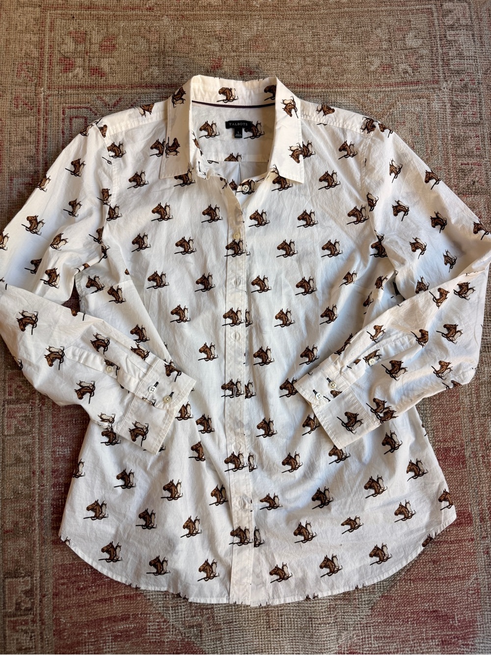 Talbots White Button-Up Shirt with Brown Fox Print